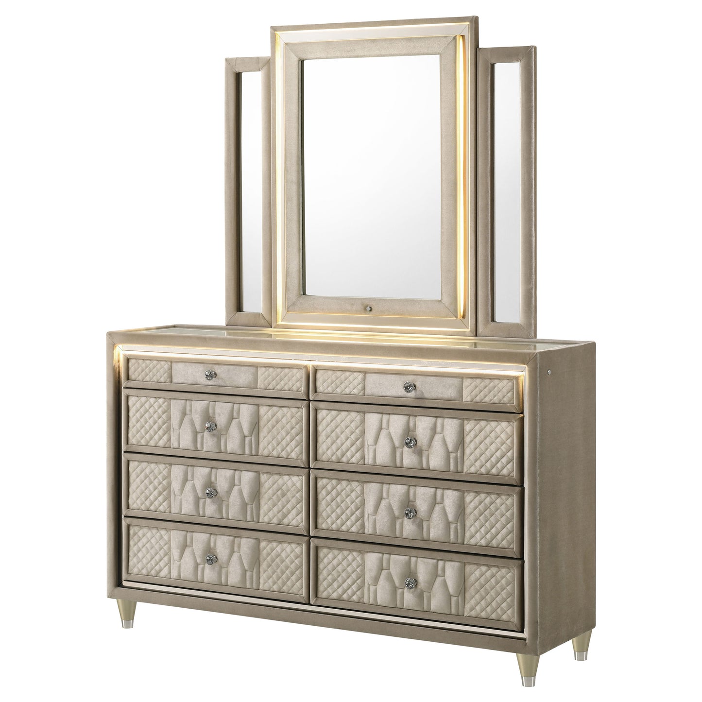 Lorient 8-drawer LED Dresser with Mirror Ivory and Camel