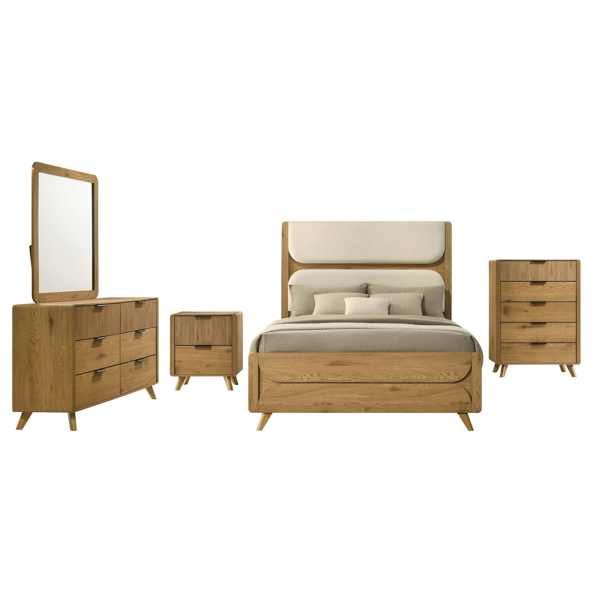Bennett Eastern King Upholstered 5-Piece Mid-Century Bedroom Set Light Oak