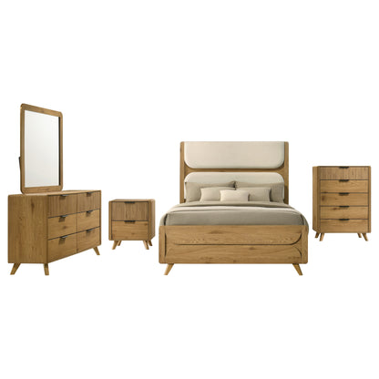 Bennett Eastern King Upholstered 5-Piece Mid-Century Bedroom Set Light Oak