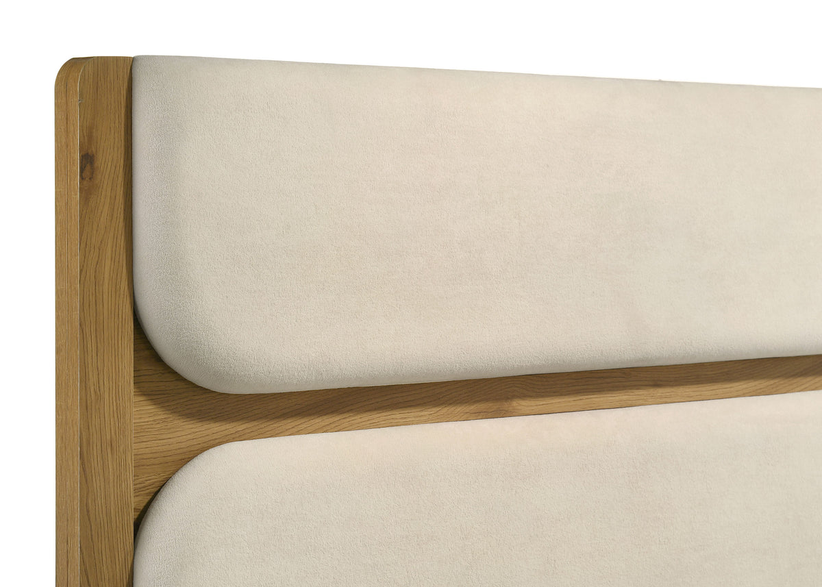Bennett Eastern King Mid-Century Fabric Upholstered Panel Bed Light Oak