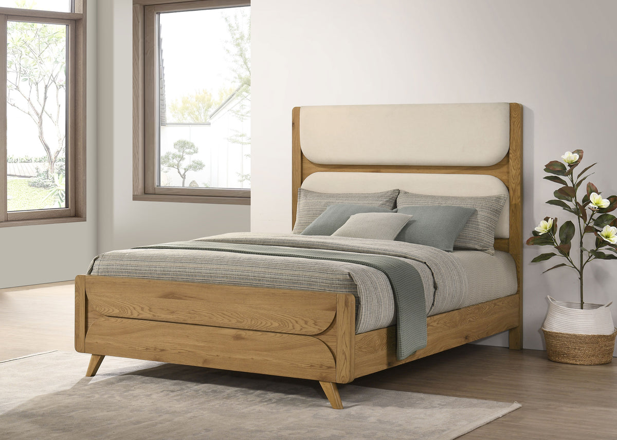 Bennett Queen Mid-Century Fabric Upholstered Panel Bed Light Oak