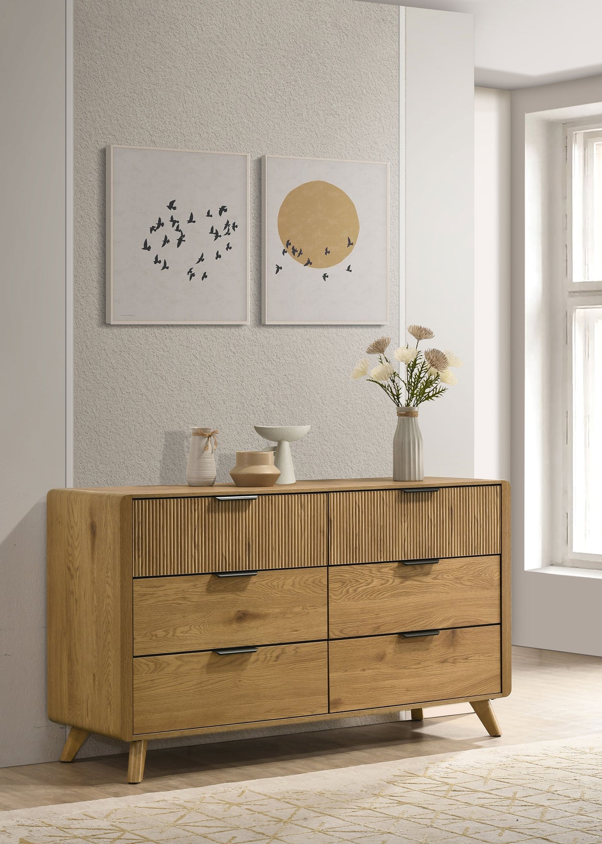 Bennett Mid-Century 6-Drawer Rubberwood Dresser Light Oak