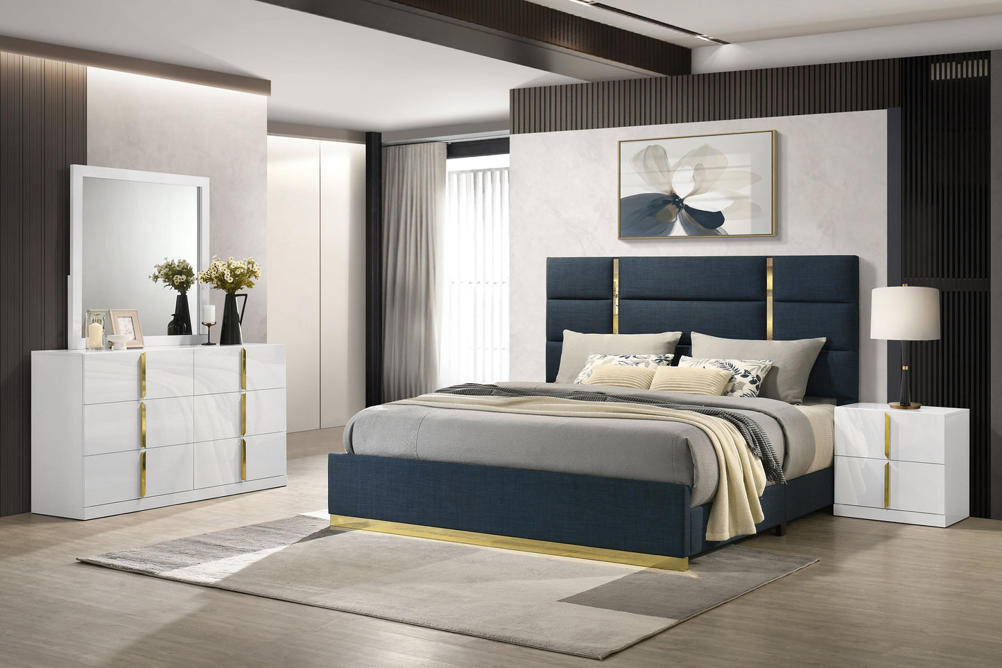 Ines  Bedroom Set Grey/Navy and White High Gloss