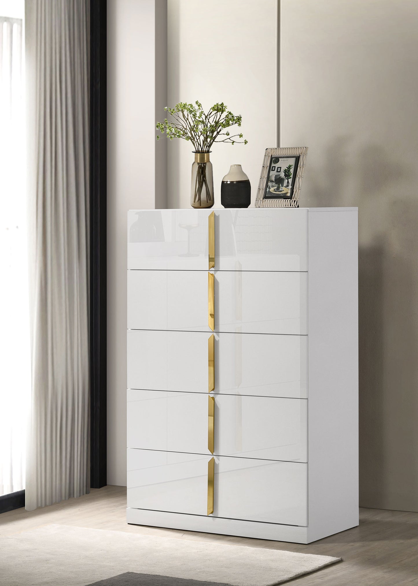 Ines 5-drawer Bedroom Chest of Drawers White High Gloss