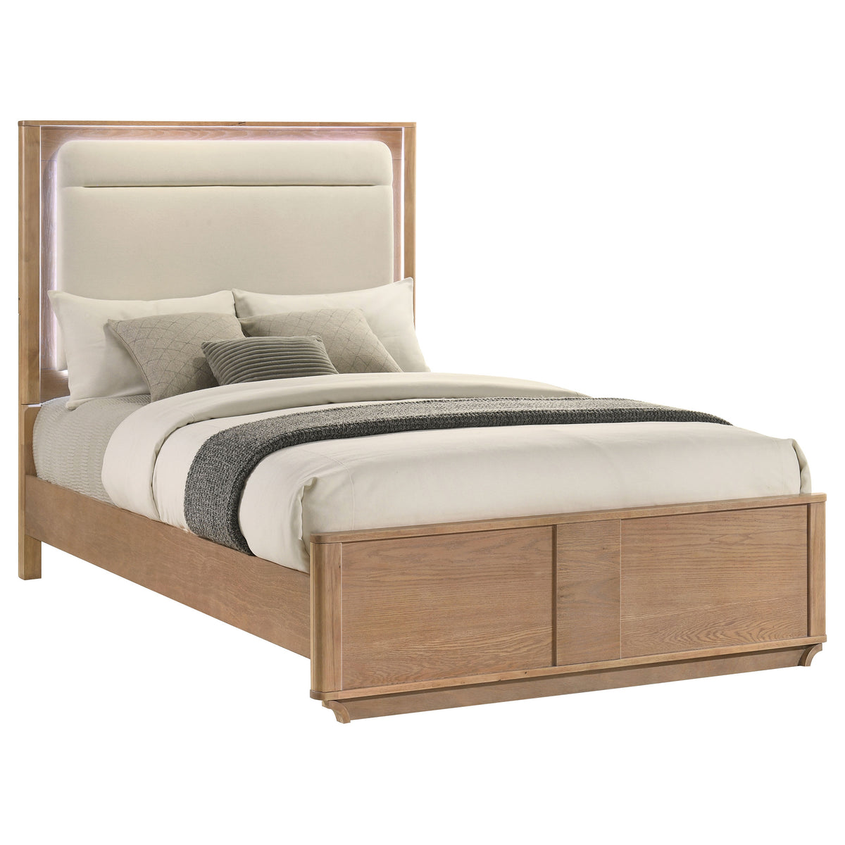 Leanne Queen LED Panel Bed Off White and Light Oak