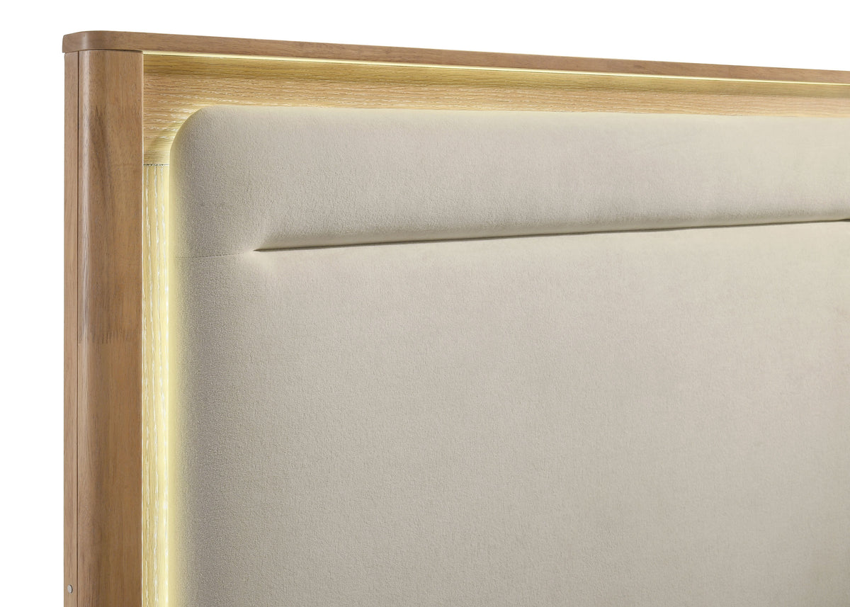 Leanne Queen LED Panel Bed Off White and Light Oak