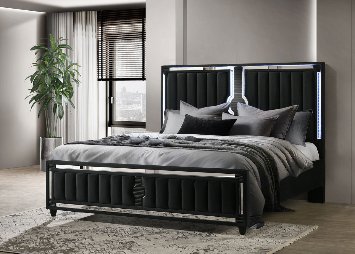 Ravenne Velvet Upholstered Eastern King LED Panel Bed Black