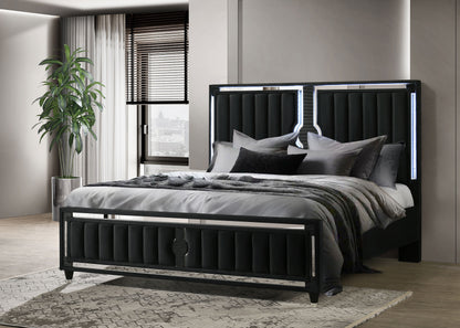 Ravenne Velvet Upholstered Eastern King LED Panel Bed Black