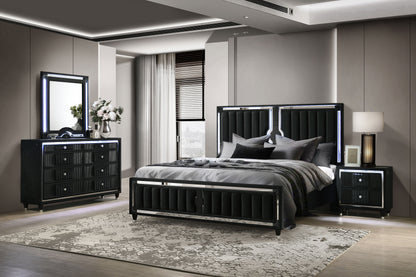 Ravenne 4-piece Velvet Upholstered Queen LED Bedroom Set Black