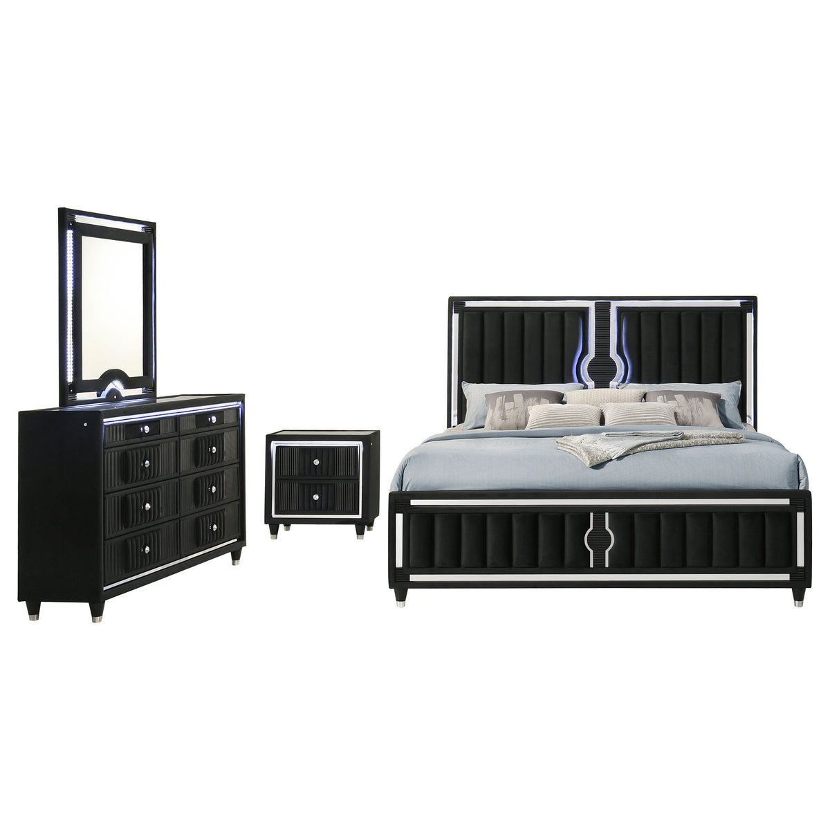 Ravenne 4-piece Velvet Upholstered Queen LED Bedroom Set Black