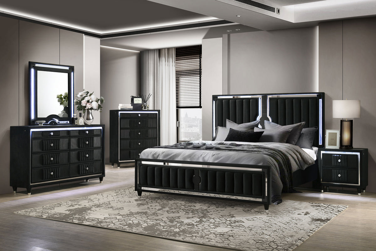 Ravenne 5-piece Velvet Upholstered Queen LED Bedroom Set Black