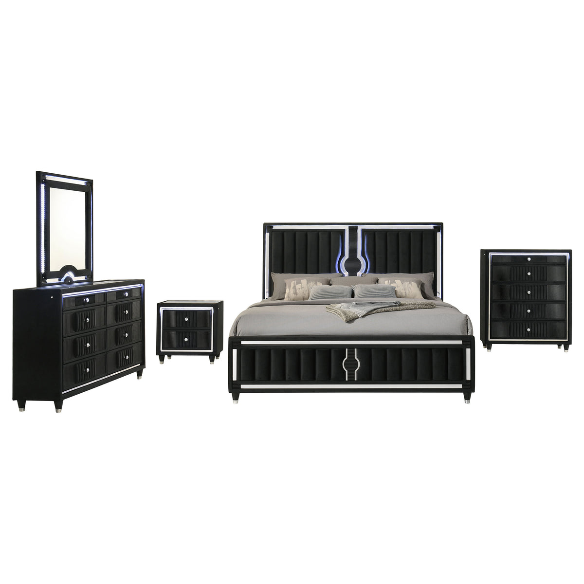 Ravenne 5-piece Velvet Upholstered Queen LED Bedroom Set Black