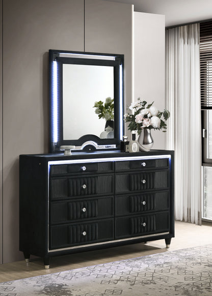 Ravenne 8-drawer Velvet Upholstered LED Dresser and Mirror Black
