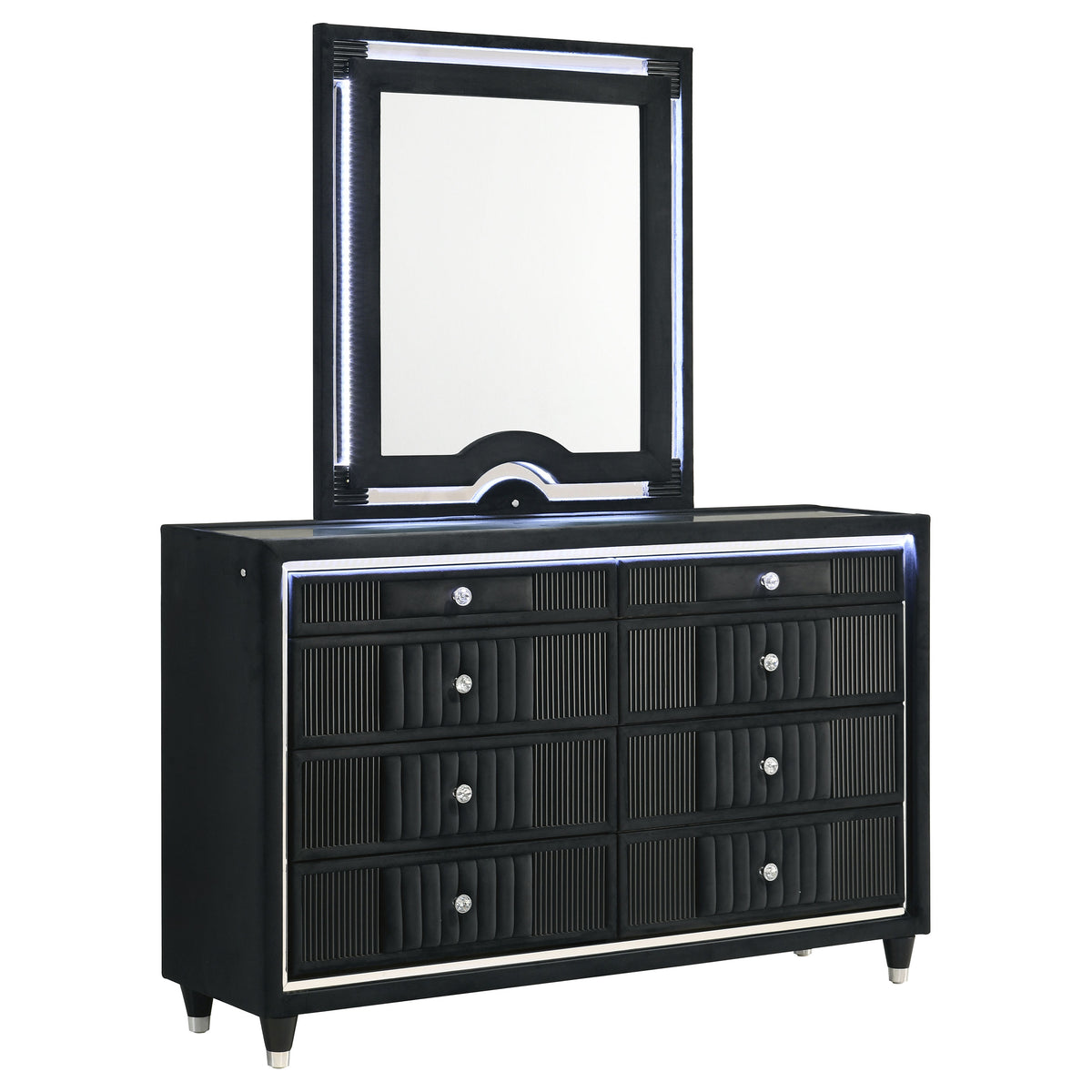 Ravenne 8-drawer Velvet Upholstered LED Dresser and Mirror Black