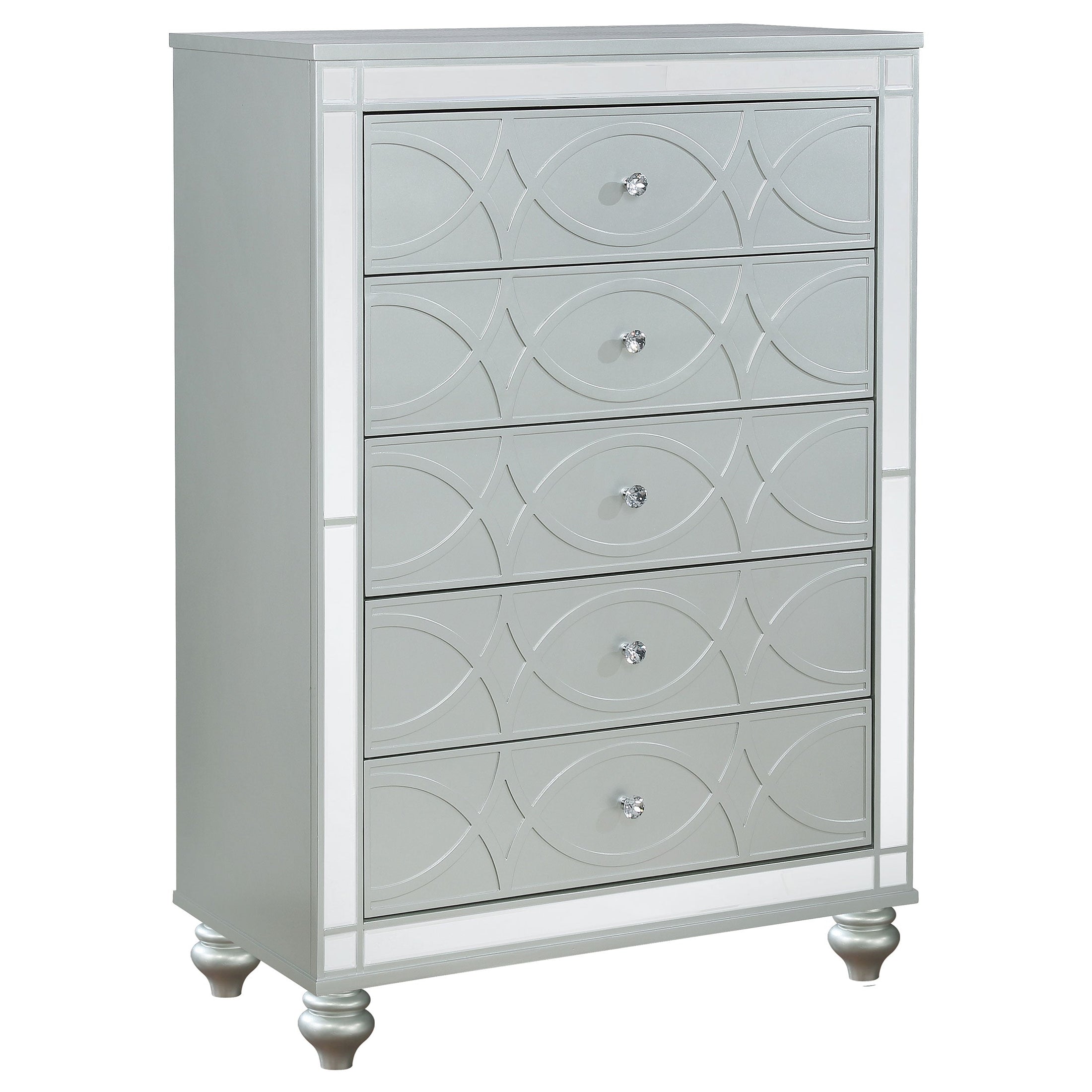 Cómoda de dormitorio Gunnison de 5 cajones en color plateado metalizado