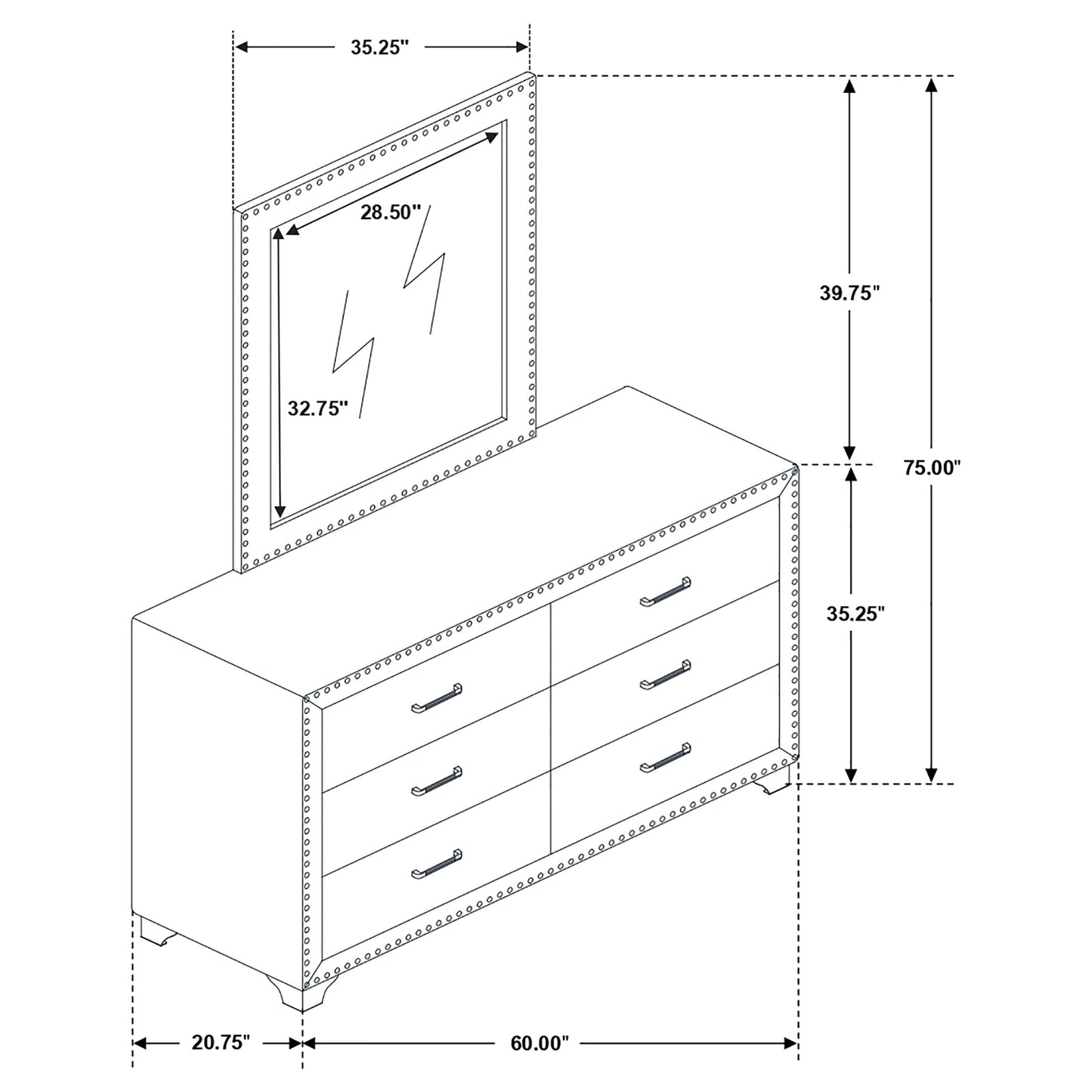Cómoda tapizada Melody de 6 cajones en gris