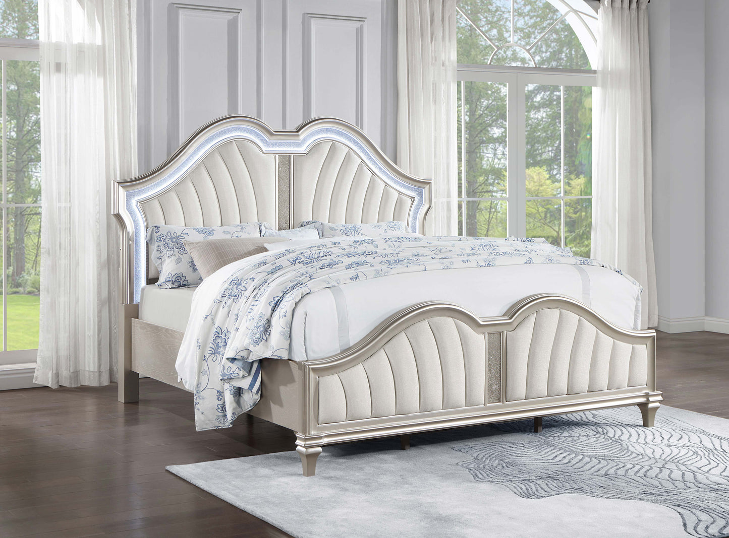 Evangeline Wood LED Panel Bed Silver Oak