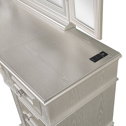 Tocador Evangeline de 4 cajones, mesa de maquillaje de roble plateado