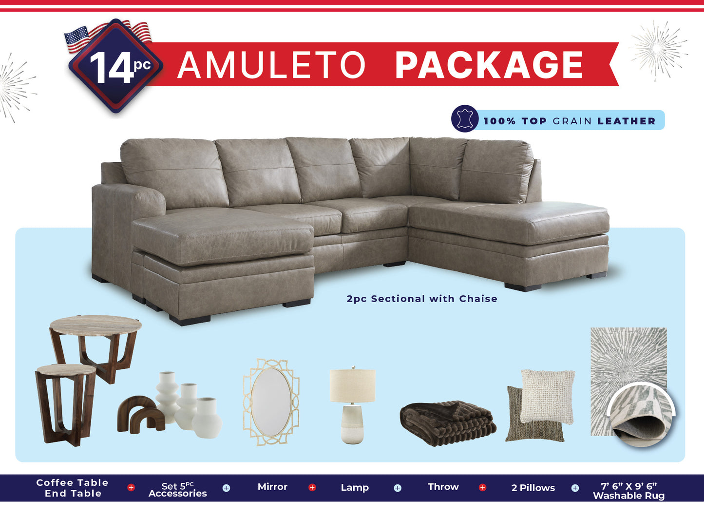 Amuleto Sectional LAF Corner Chaise Living Room 14PC Package