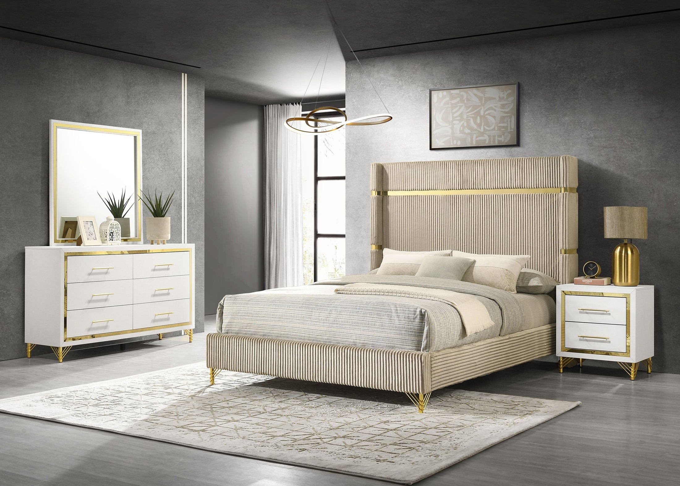 Conjunto de dormitorio Lucia beige y blanco