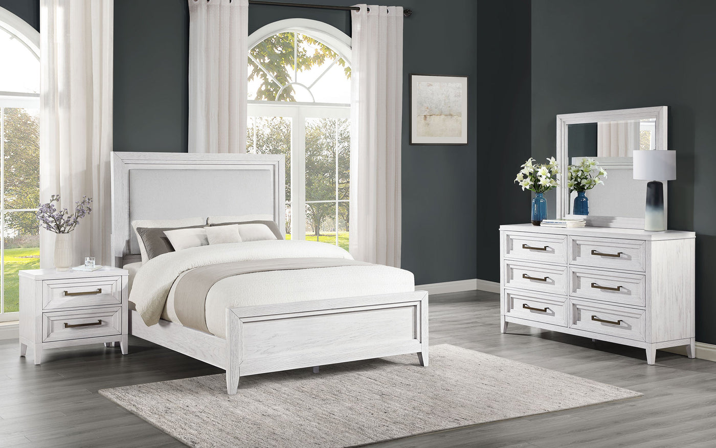 Juego de dormitorio Marielle Cal King en blanco desgastado