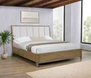 Cama tapizada Granada con paneles de pino natural