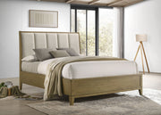 Cama tapizada Granada con paneles de pino natural