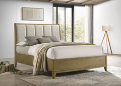 Cama tapizada Granada con paneles de pino natural