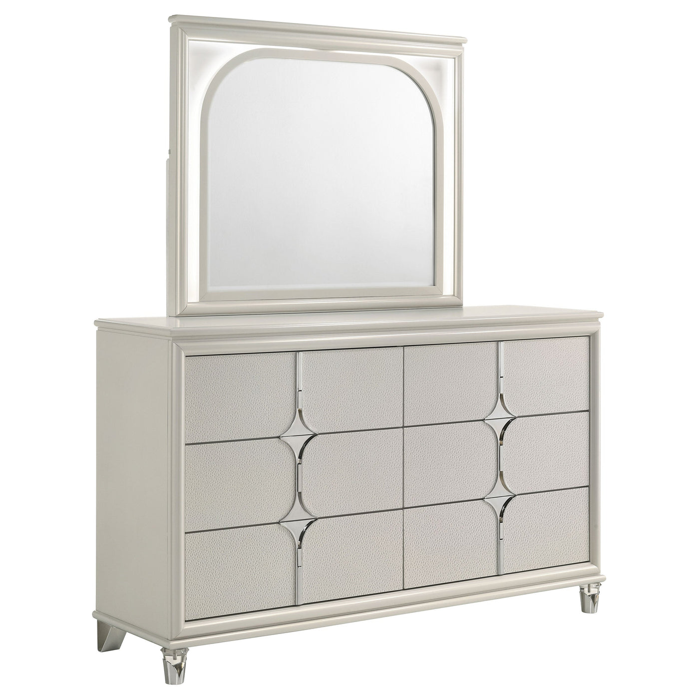 Cómoda Olivia de 6 cajones y espejo LED blanco perla