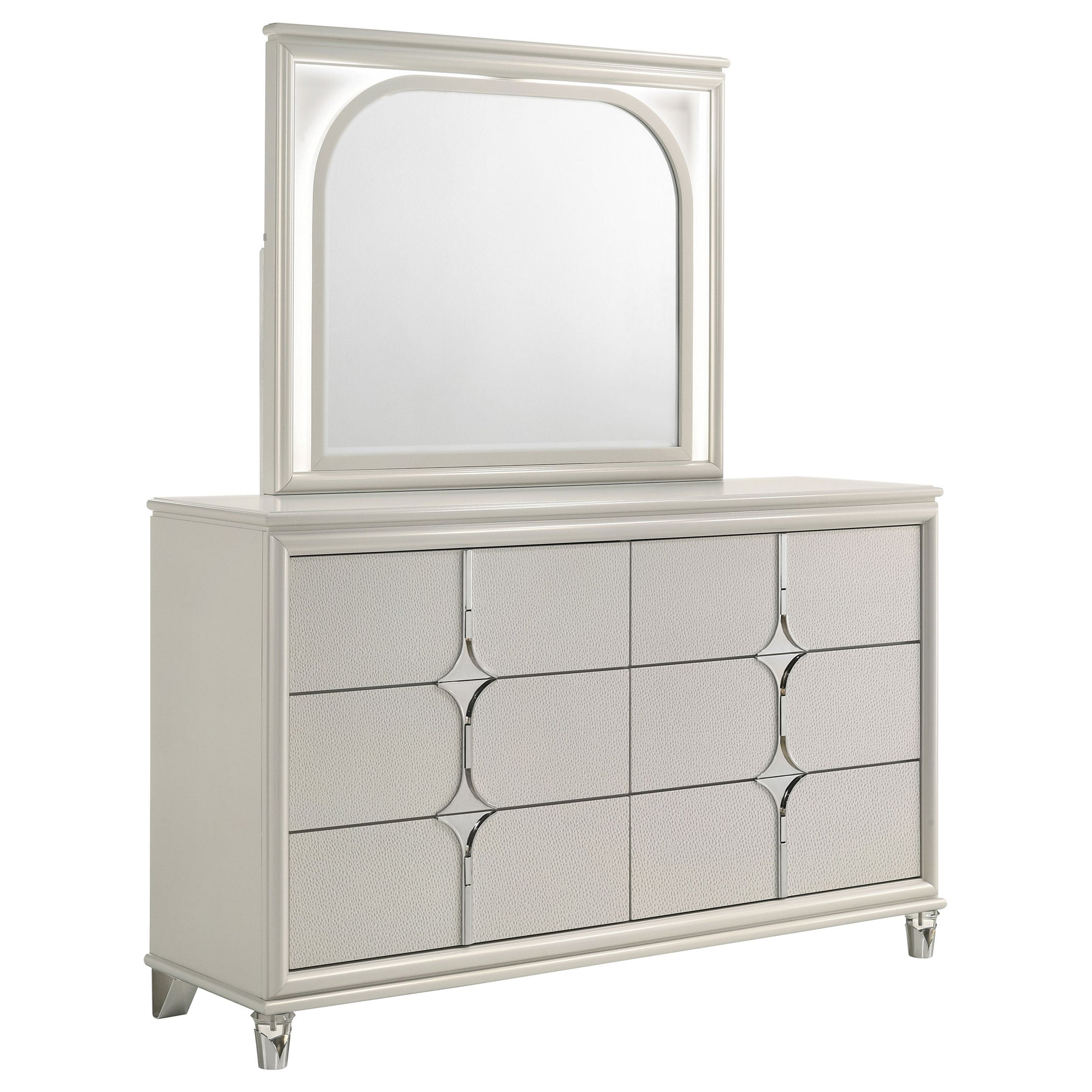 Cómoda Olivia de 6 cajones y espejo LED blanco perla