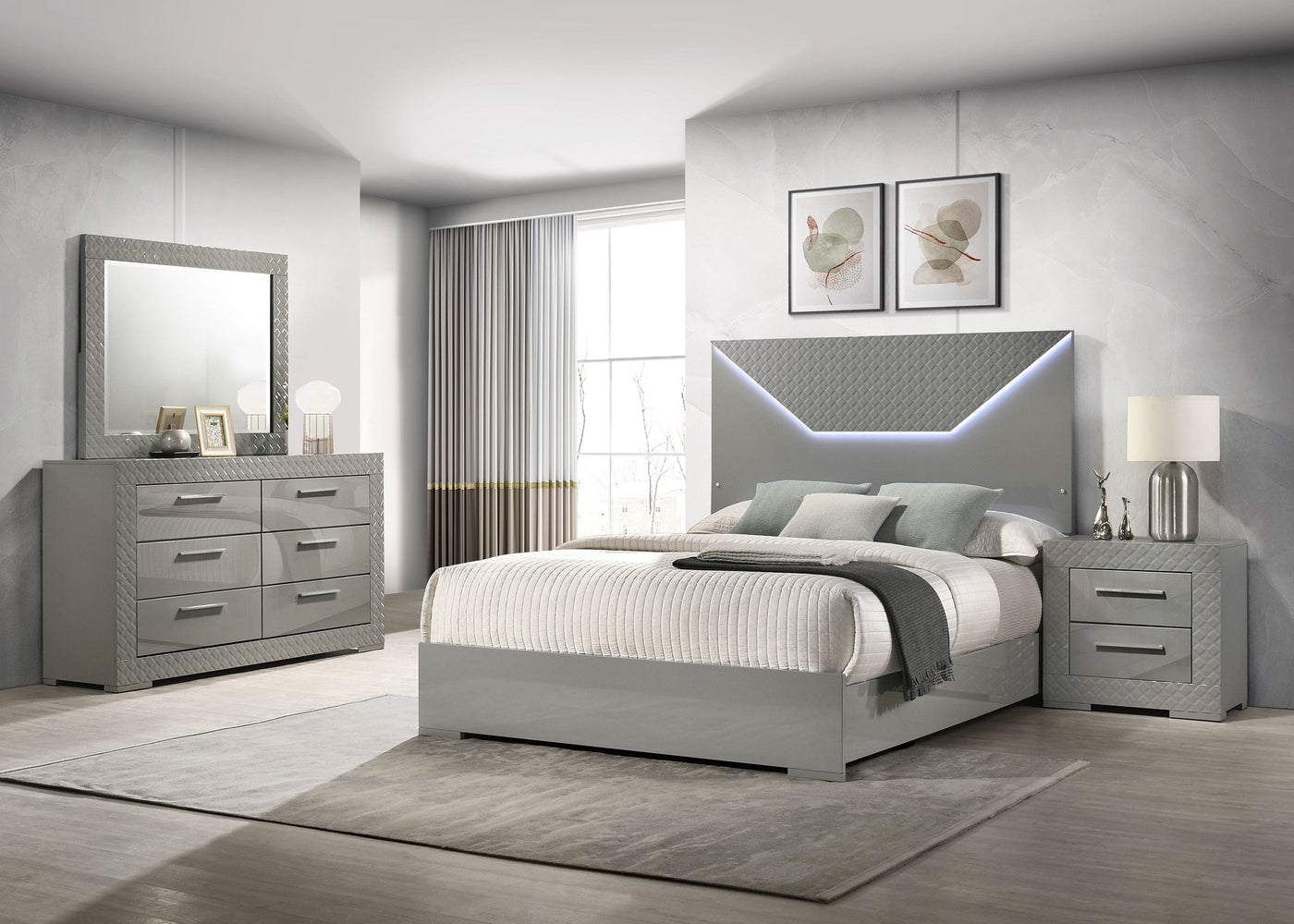 Conjunto de dormitorio Ives gris de alto brillo