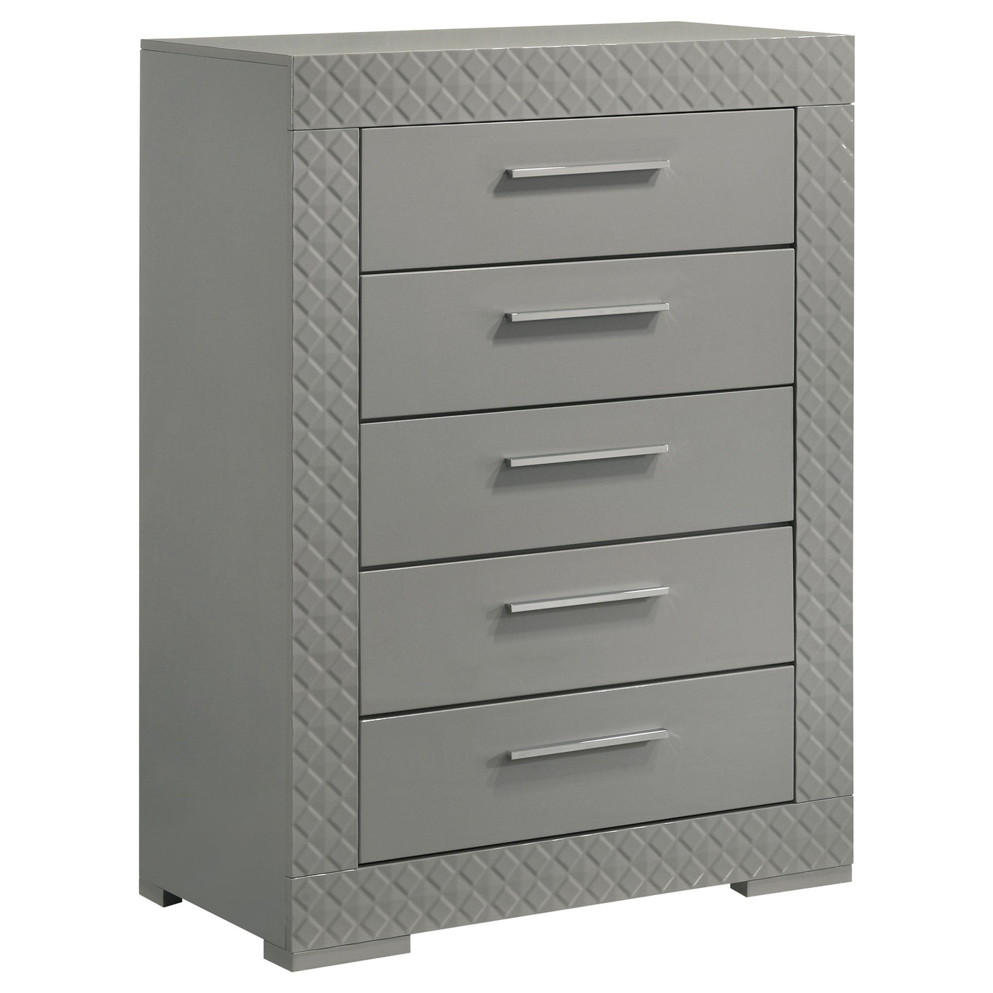 Cómoda de dormitorio Ives de 5 cajones, gris, alto brillo