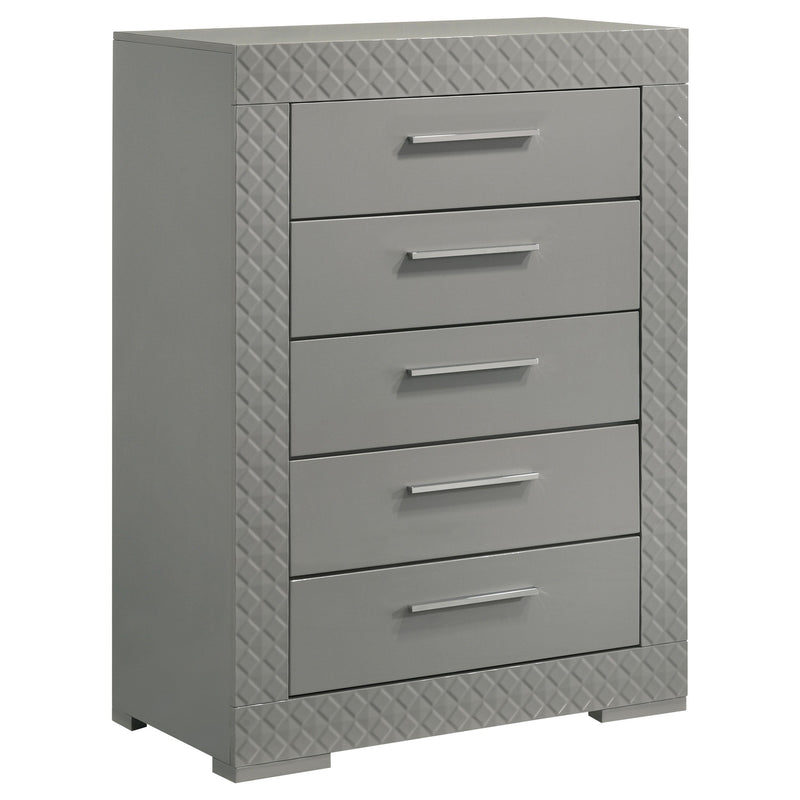 Cómoda de dormitorio Ives de 5 cajones, gris, alto brillo