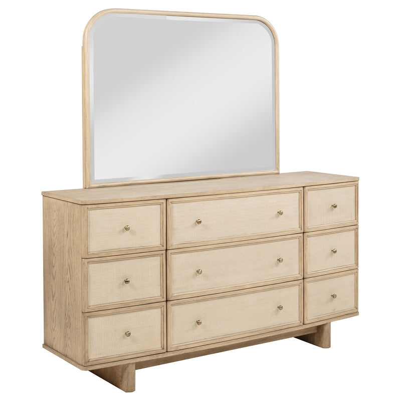Cómoda Kailani de 9 cajones y espejo en roble beige