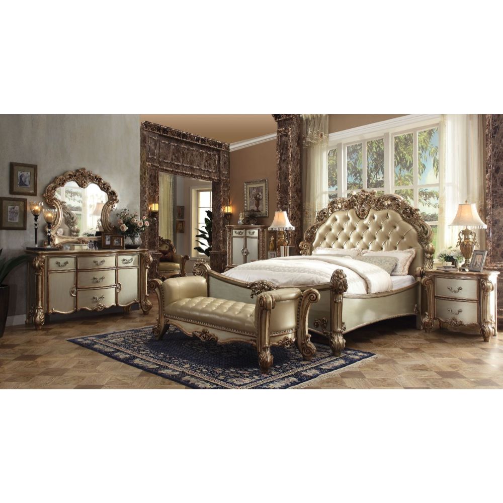 Vendome Eastern King Bed - Brass Leatherette & Gold Patina