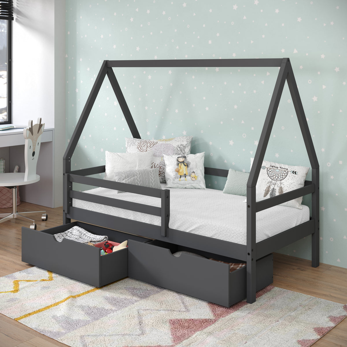 A-Frame Modern House Bed with Dual Underbed Drawers