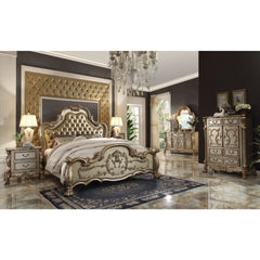 Cama Dresden tapizada con botones capitoné y pie de cama de perfil bajo