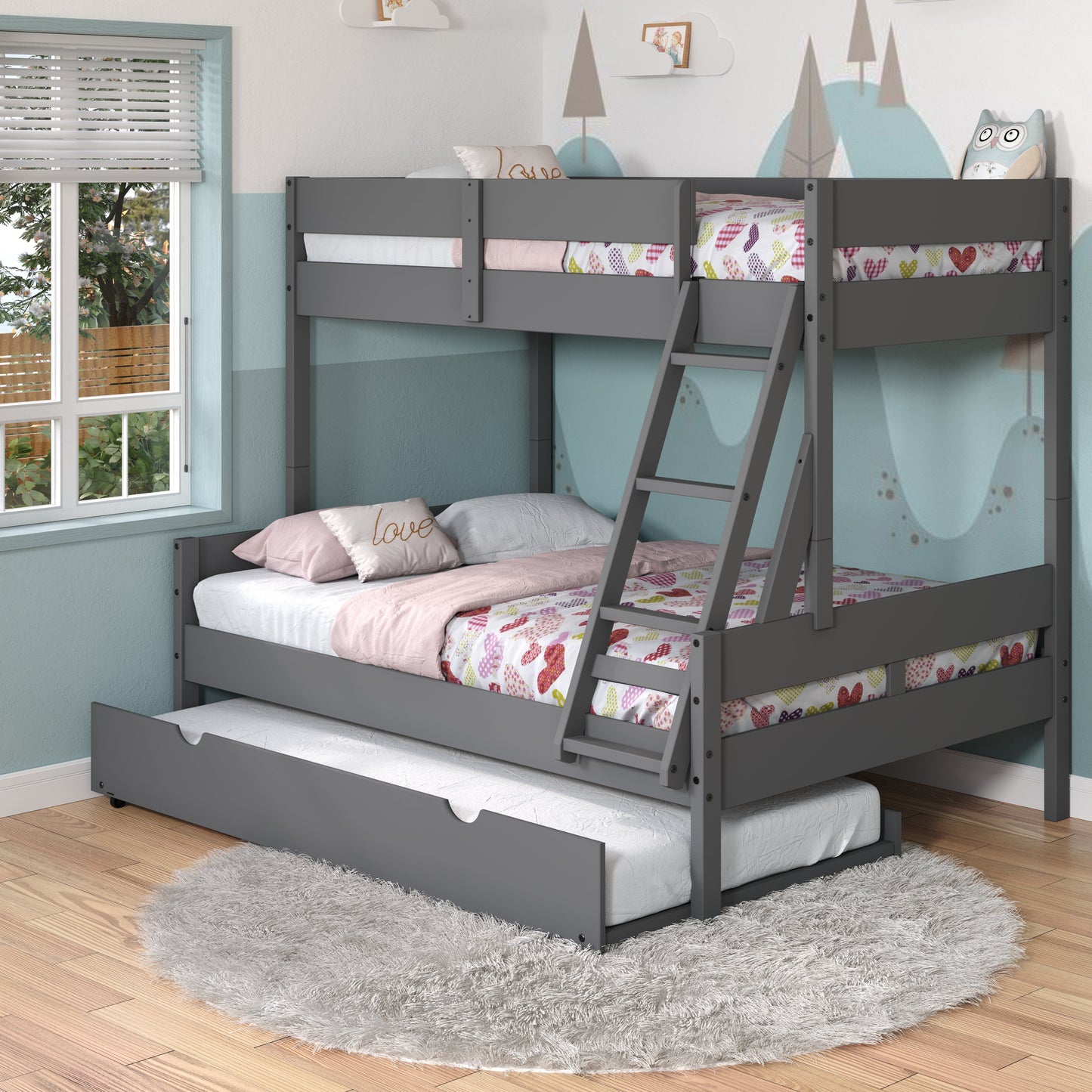 Low Board Panel Twin Over Full Bunkbed with Twin Trundle