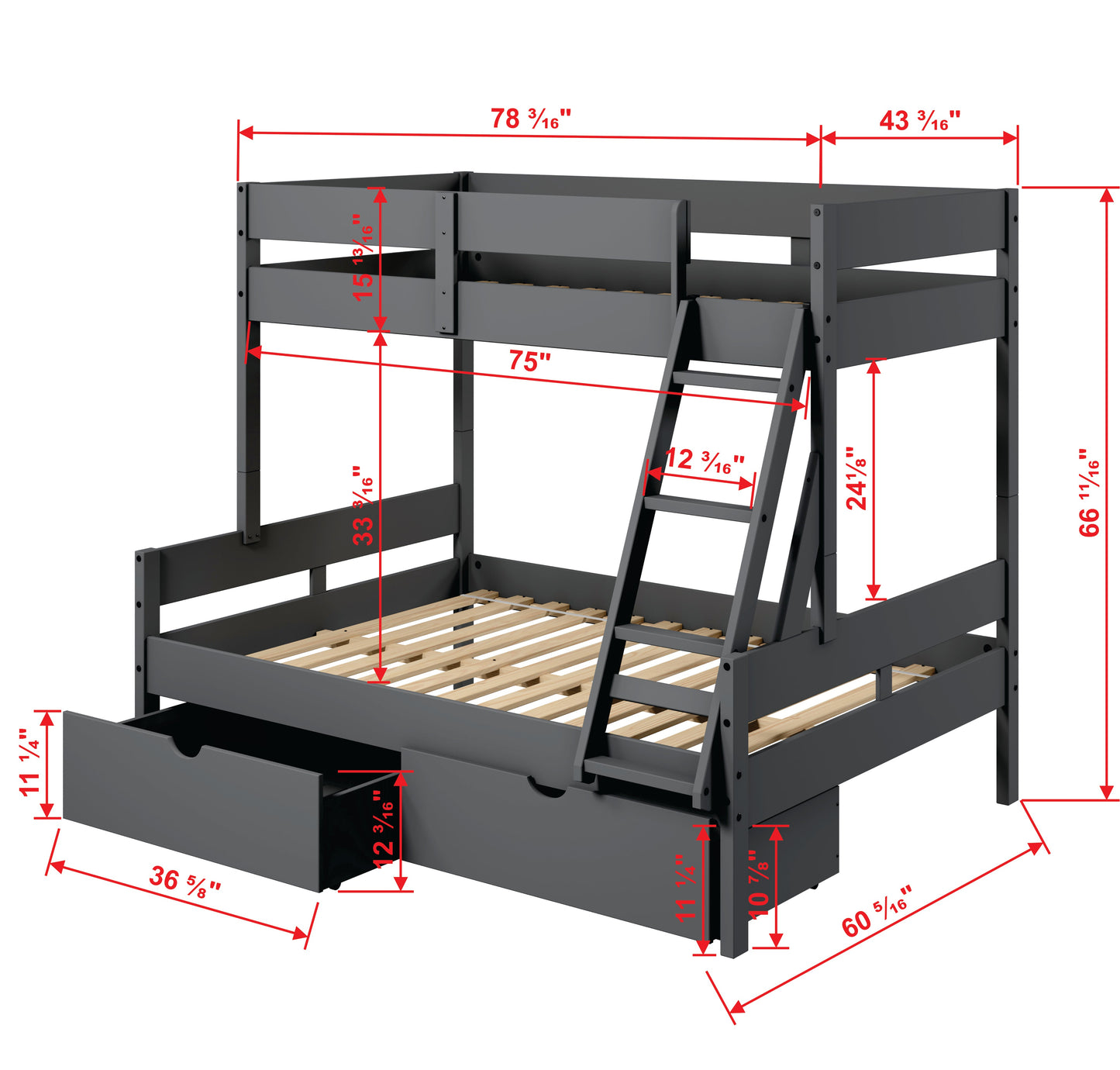 Low Board Panel Twin Over Full Bunkbed with Dual Underbed Drawers