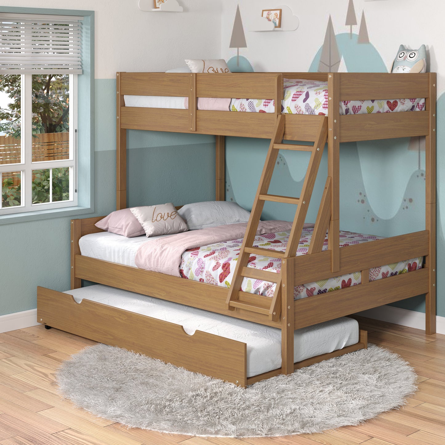 Low Board Panel Twin Over Full Bunkbed with Twin Trundle