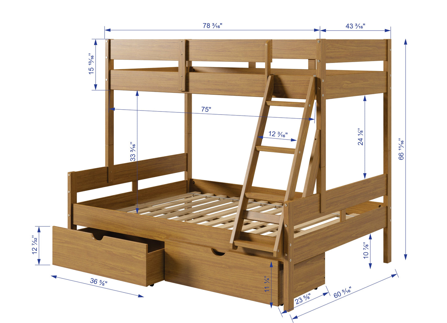 Low Board Panel Twin over Full Bunkbed with Dual Underbed Drawers