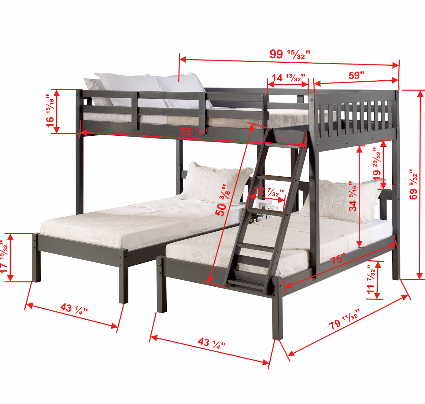 Treble Mission Full over Two Twin Bunkbed with Dual Underbed Drawers