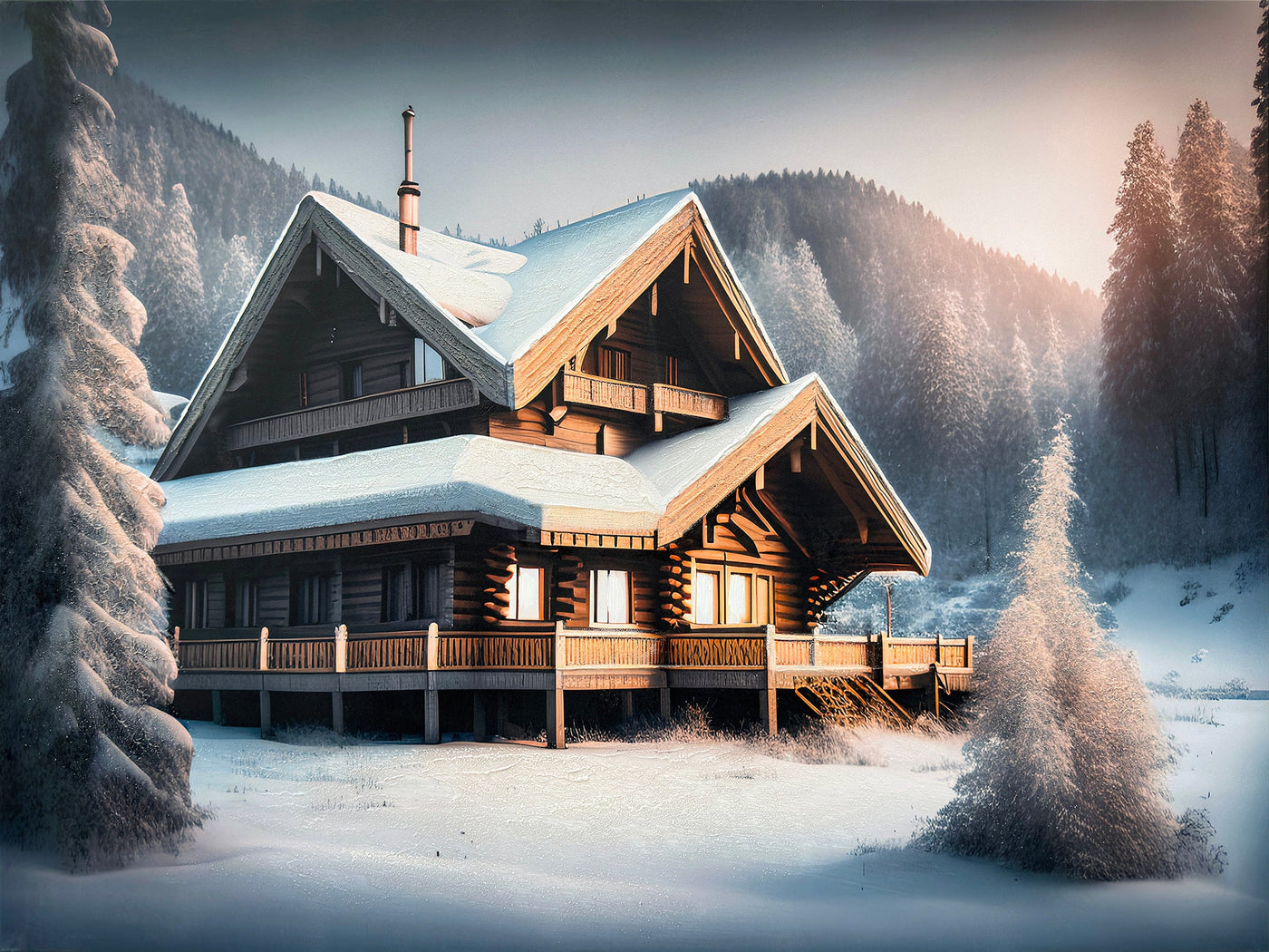 ''Frosted Mountain Chalet'' Hand-painted Wrapped Canvas