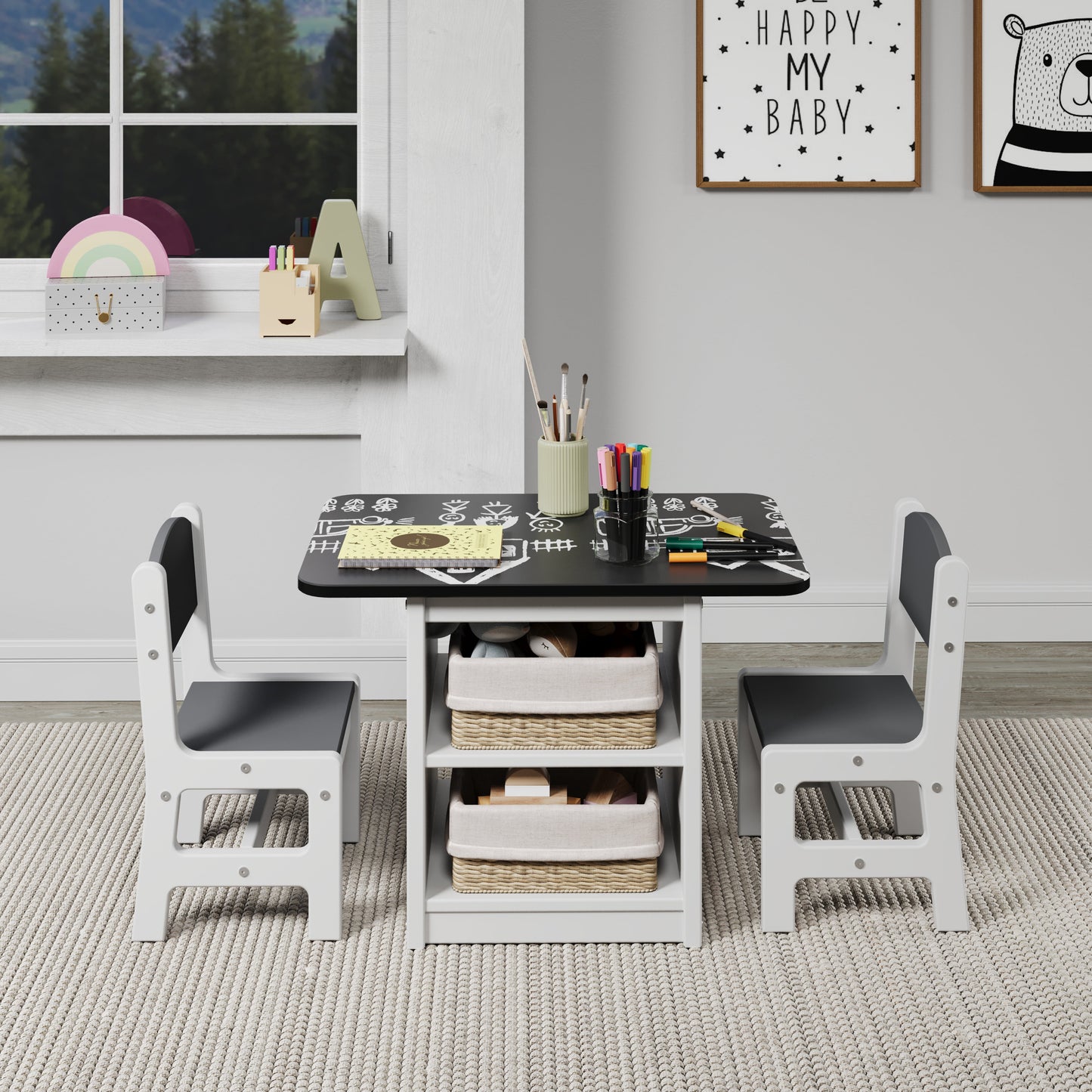 Art & Play Black & Chalkboard Table with Two Chairs Set