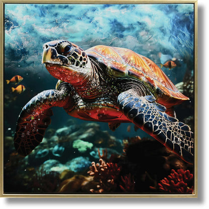 ''Golden Drift: Vibrant Sea Turtle'' Gloss Canvas in Frame