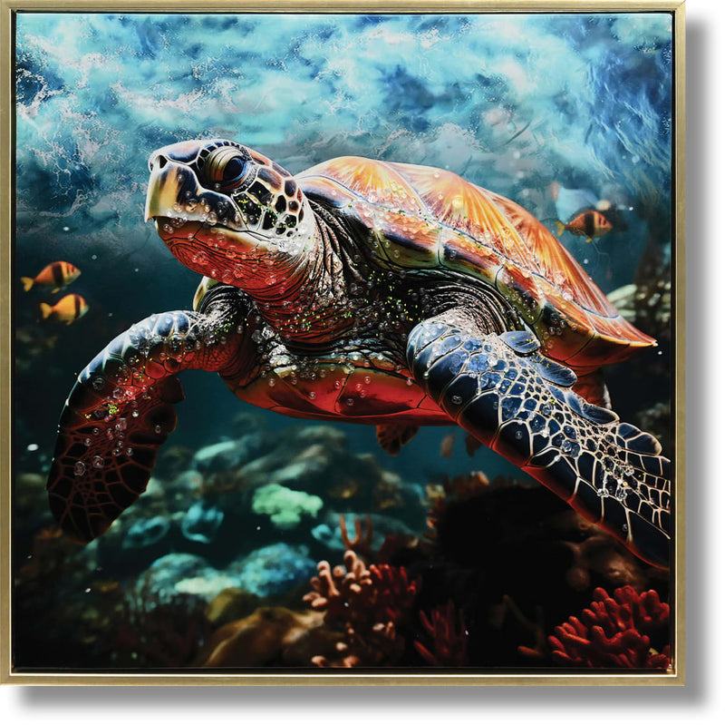 ''Golden Drift: Vibrant Sea Turtle'' Gloss Canvas in Frame
