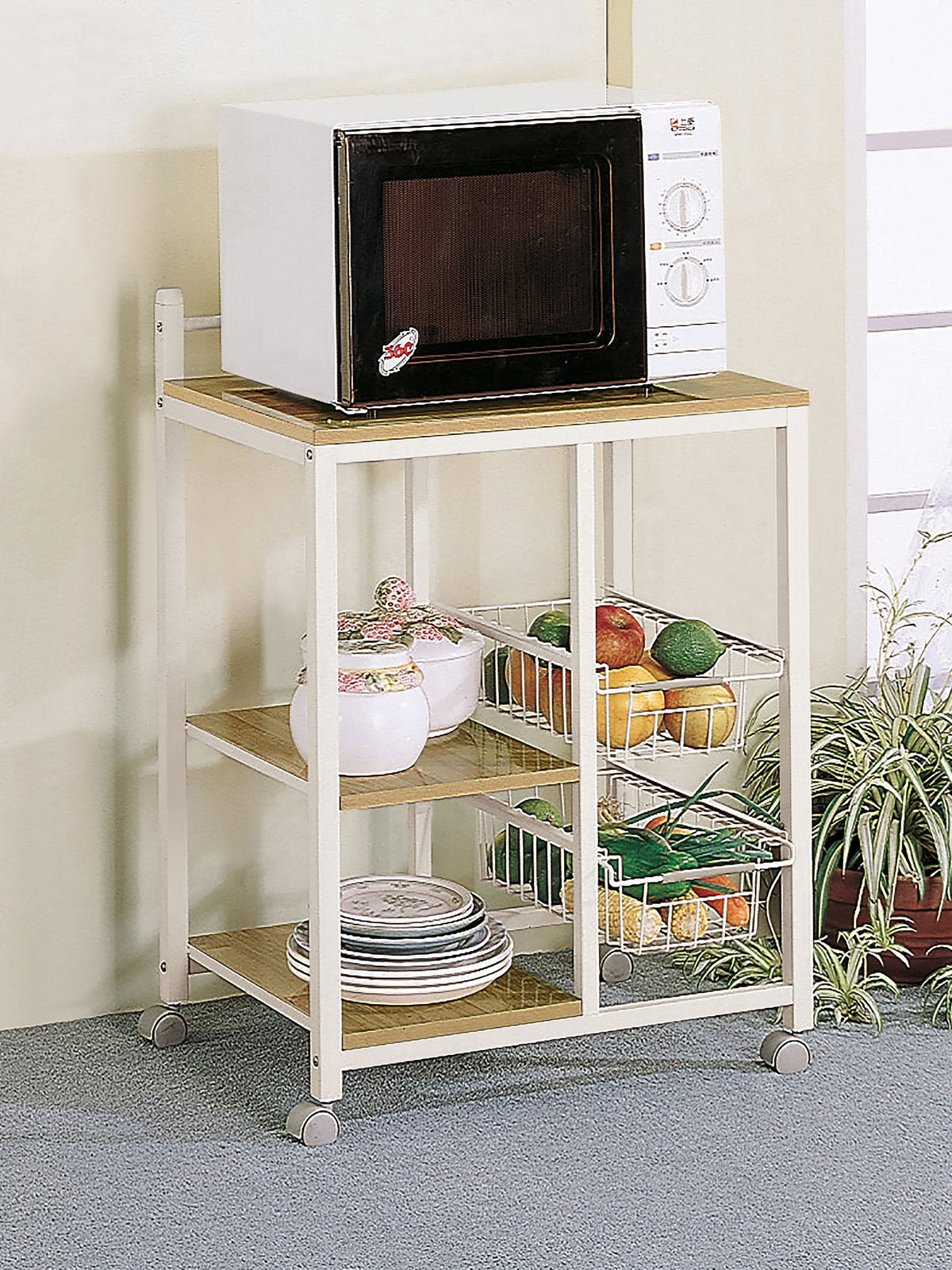 Carrito de cocina móvil Kelvin de 2 estantes en marrón natural y blanco