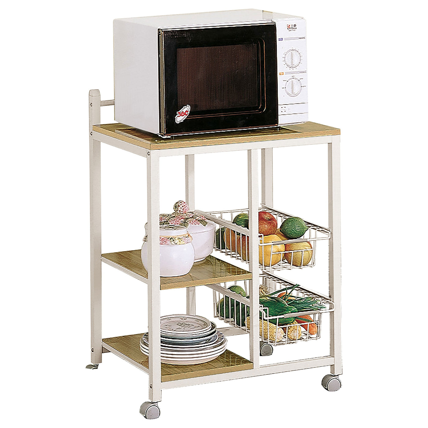 Carrito de cocina móvil Kelvin de 2 estantes en marrón natural y blanco