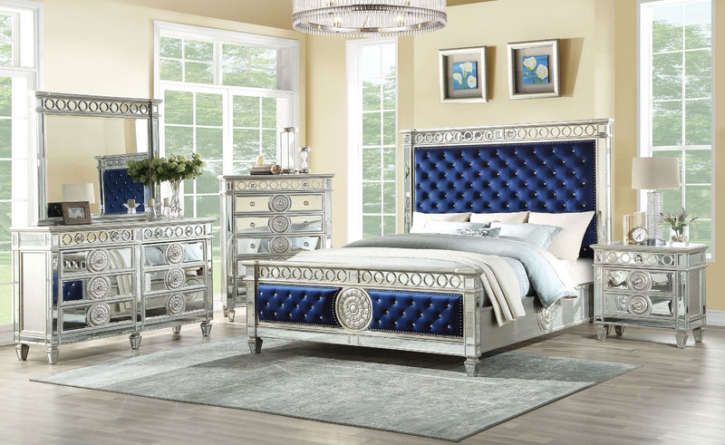 Varian Queen Bed - Blue Velvet, Mirrored & Silver