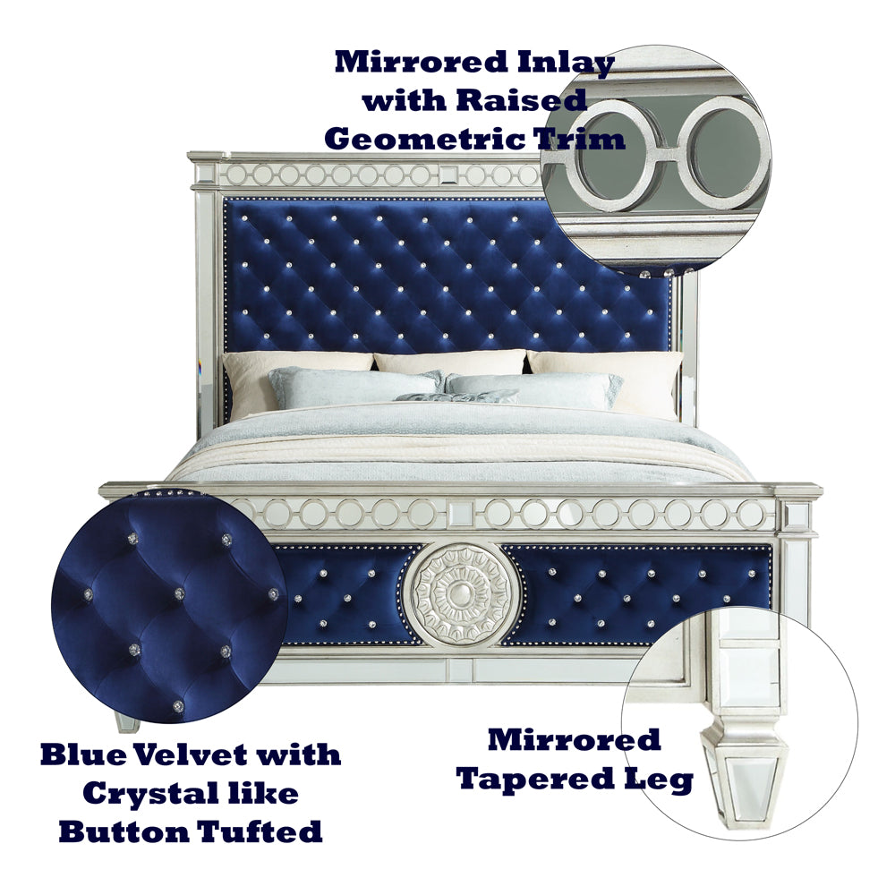Varian Queen Bed - Blue Velvet, Mirrored & Silver